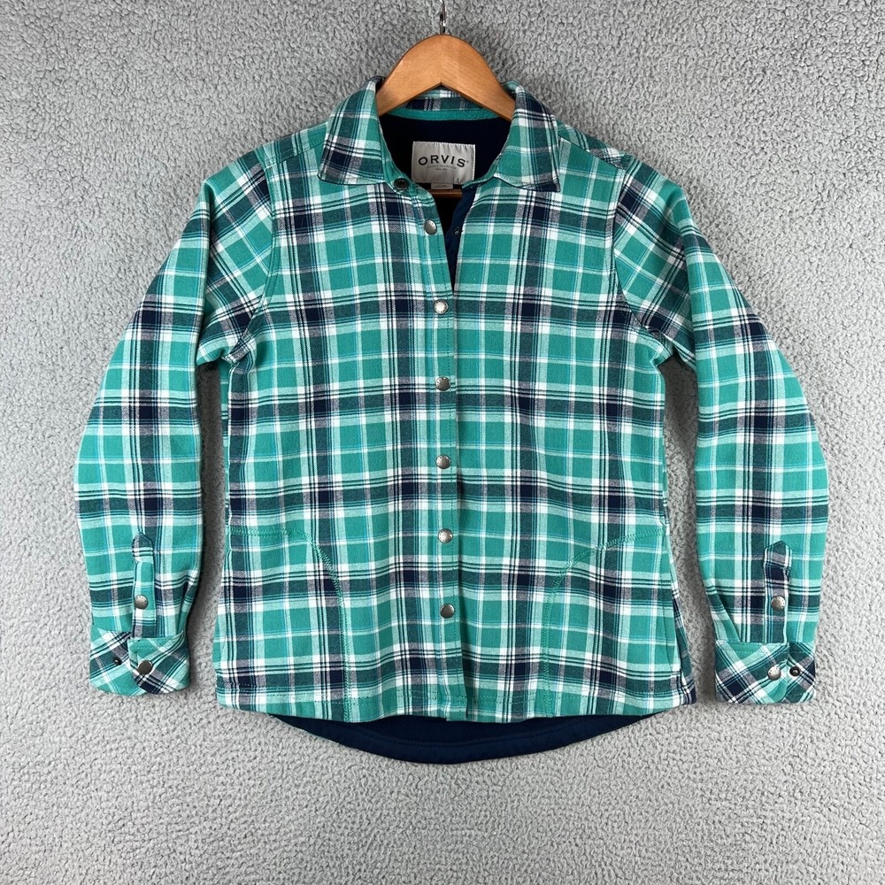 Orvis Fleece Lined Flannel Shirt Jacket Shacked Womens Small Teal Green Blue